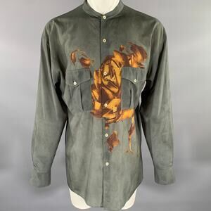 BED J.W. FORD Grey Brown Floral Cotton Blend Band Collar Long Sleeve Shirt